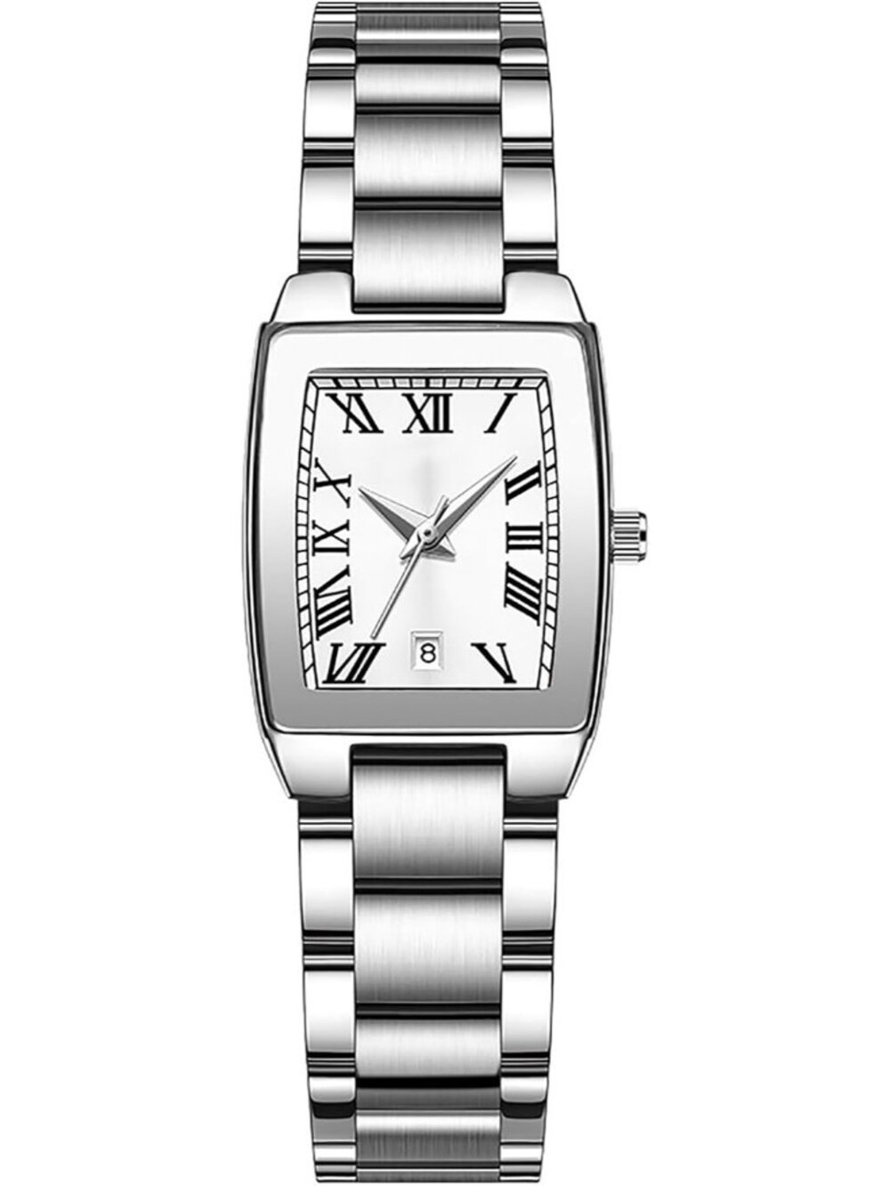 Women's White Square Dial Roman Numerals Stainless Steel Band Quartz Wristwatch